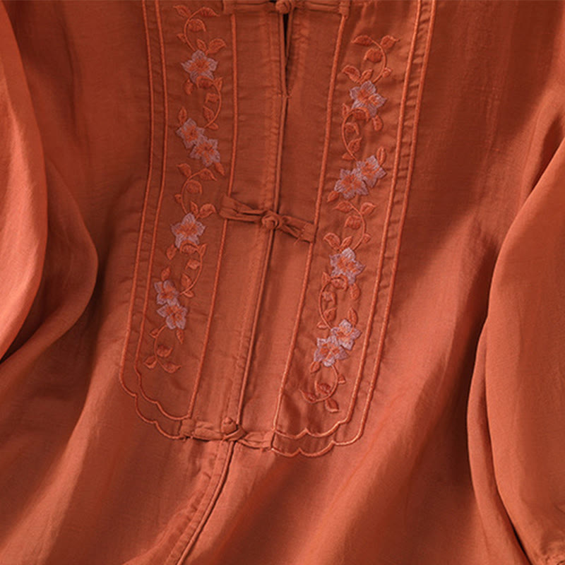 Nimara Ritual Frog-button Stand Collar Embroidered Flower Elastic Cuff Three Quarter Sleeve Women's Shirt