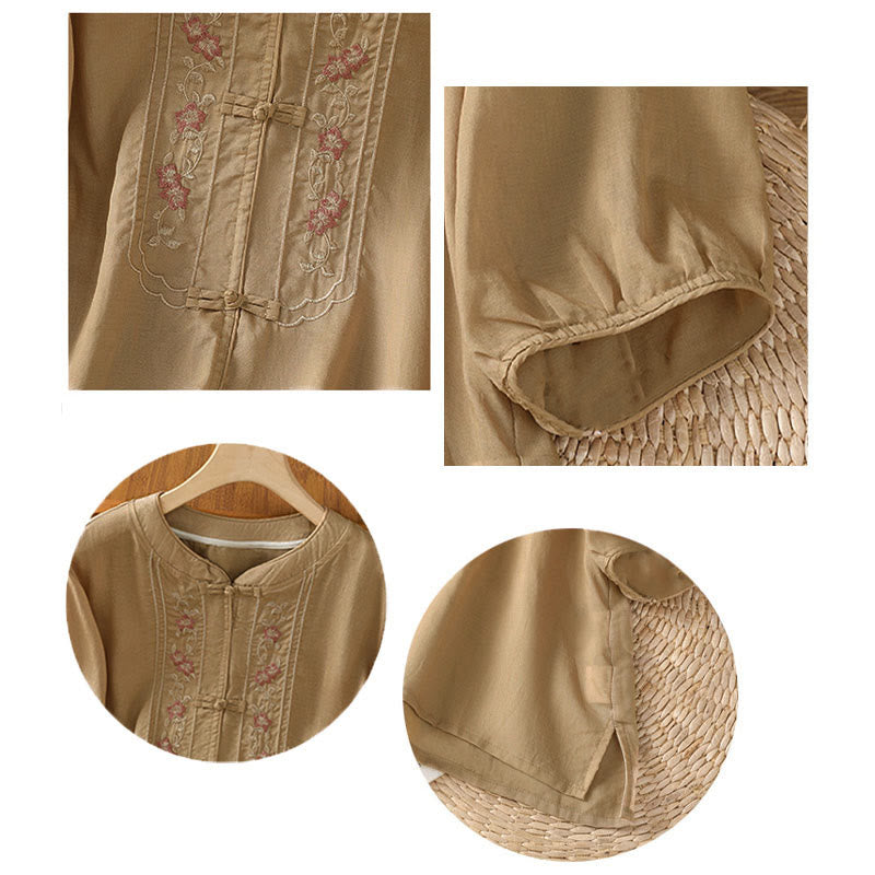 Nimara Ritual Frog-button Stand Collar Embroidered Flower Elastic Cuff Three Quarter Sleeve Women's Shirt