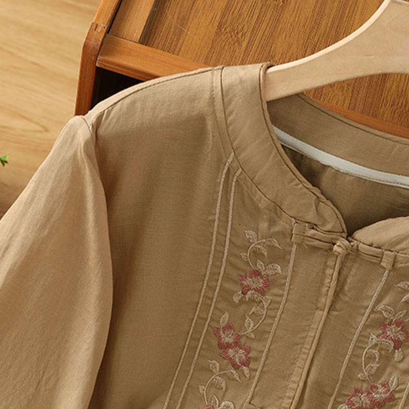 Nimara Ritual Frog-button Stand Collar Embroidered Flower Elastic Cuff Three Quarter Sleeve Women's Shirt