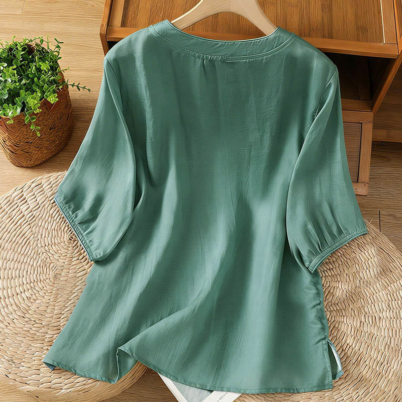 Nimara Ritual Frog-button Stand Collar Embroidered Flower Elastic Cuff Three Quarter Sleeve Women's Shirt