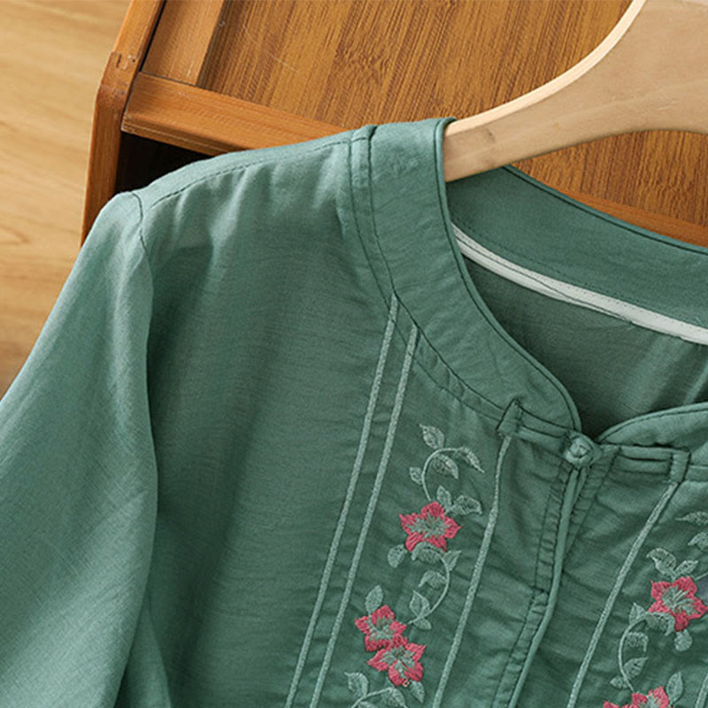 Nimara Ritual Frog-button Stand Collar Embroidered Flower Elastic Cuff Three Quarter Sleeve Women's Shirt