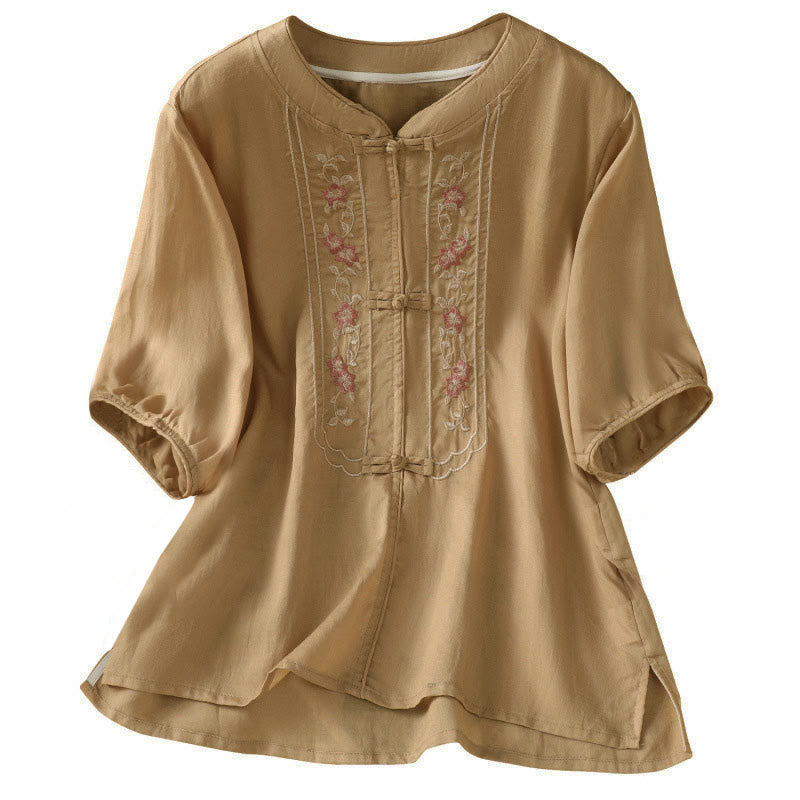 Nimara Ritual Frog-button Stand Collar Embroidered Flower Elastic Cuff Three Quarter Sleeve Women's Shirt