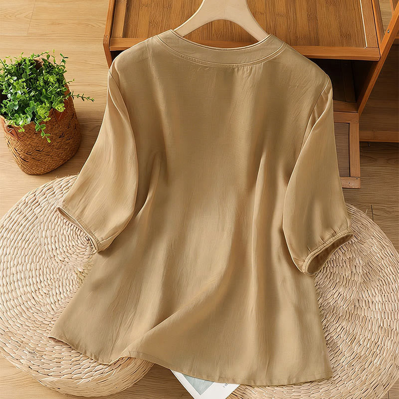 Nimara Ritual Frog-button Stand Collar Embroidered Flower Elastic Cuff Three Quarter Sleeve Women's Shirt