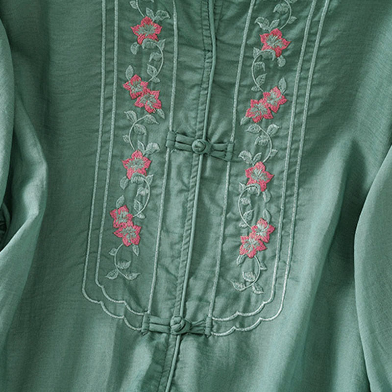 Nimara Ritual Frog-button Stand Collar Embroidered Flower Elastic Cuff Three Quarter Sleeve Women's Shirt