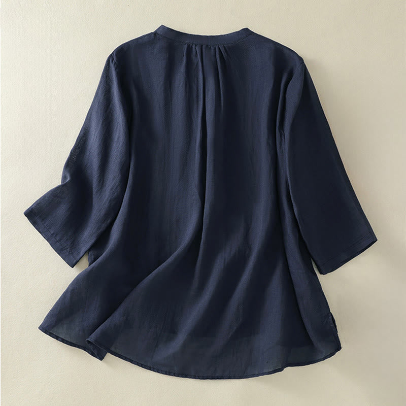 Nimara Ritual Embroidery Pleated Design Stand Collar Three Quarter Sleeve Side Slit Hem Women's Cotton Shirt