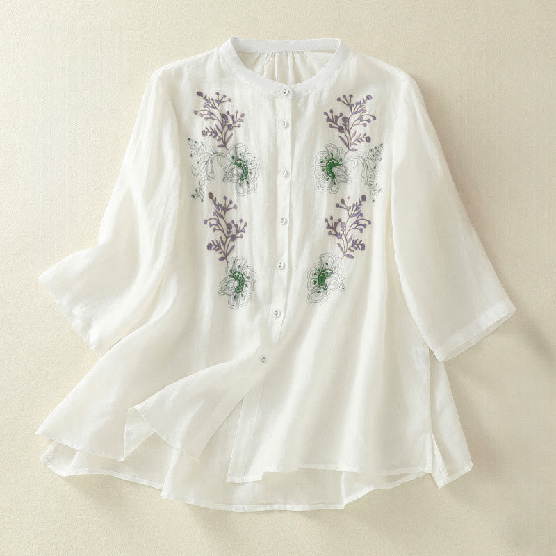 Nimara Ritual Embroidery Pleated Design Stand Collar Three Quarter Sleeve Side Slit Hem Women's Cotton Shirt