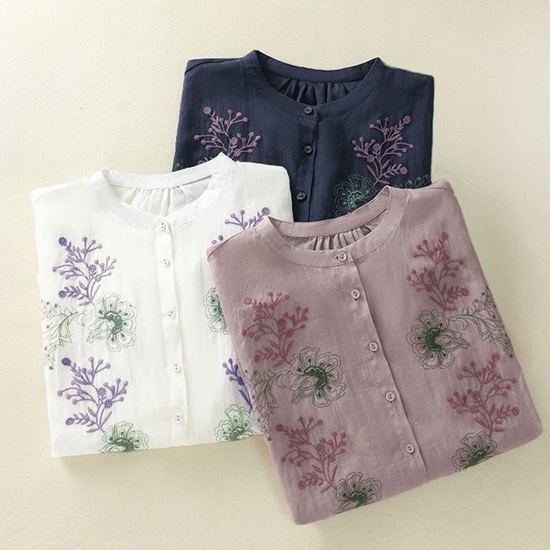Nimara Ritual Embroidery Pleated Design Stand Collar Three Quarter Sleeve Side Slit Hem Women's Cotton Shirt