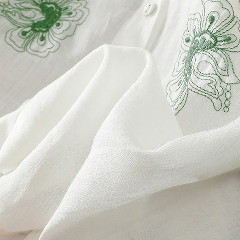 Nimara Ritual Embroidery Pleated Design Stand Collar Three Quarter Sleeve Side Slit Hem Women's Cotton Shirt