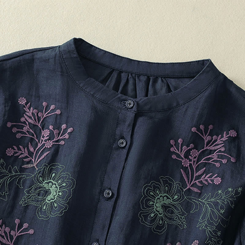 Nimara Ritual Embroidery Pleated Design Stand Collar Three Quarter Sleeve Side Slit Hem Women's Cotton Shirt