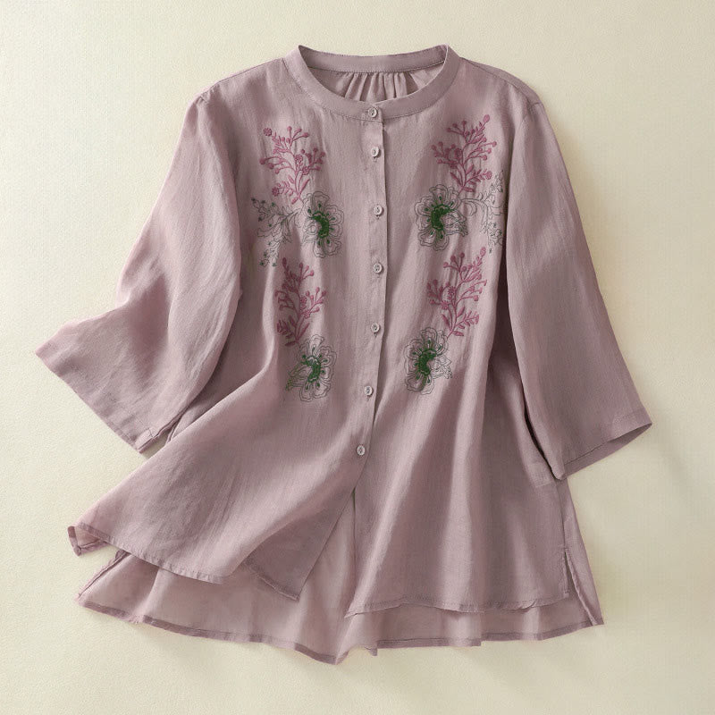Nimara Ritual Embroidery Pleated Design Stand Collar Three Quarter Sleeve Side Slit Hem Women's Cotton Shirt