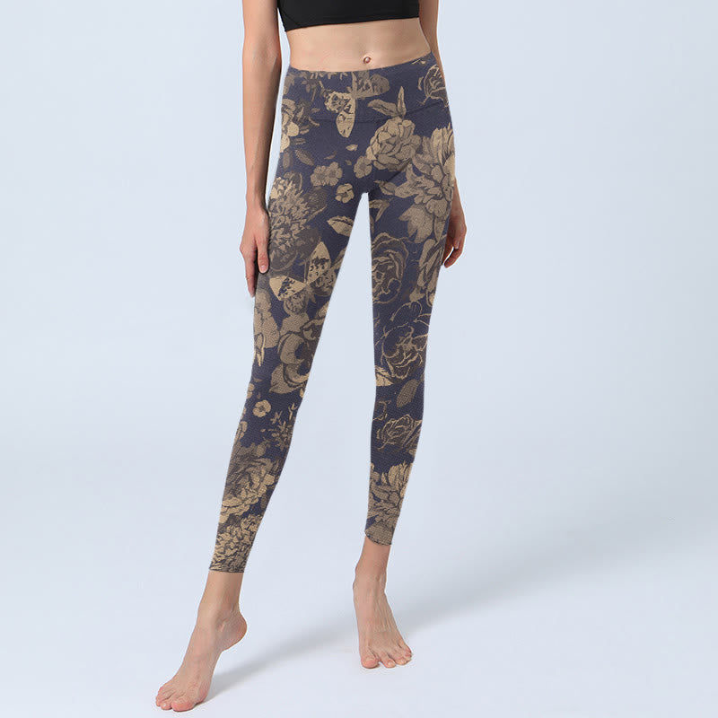 Nimara Ritual Retro Color Scheme Flower Butterfly Leaf Print Gym Leggings Women's Yoga Pants