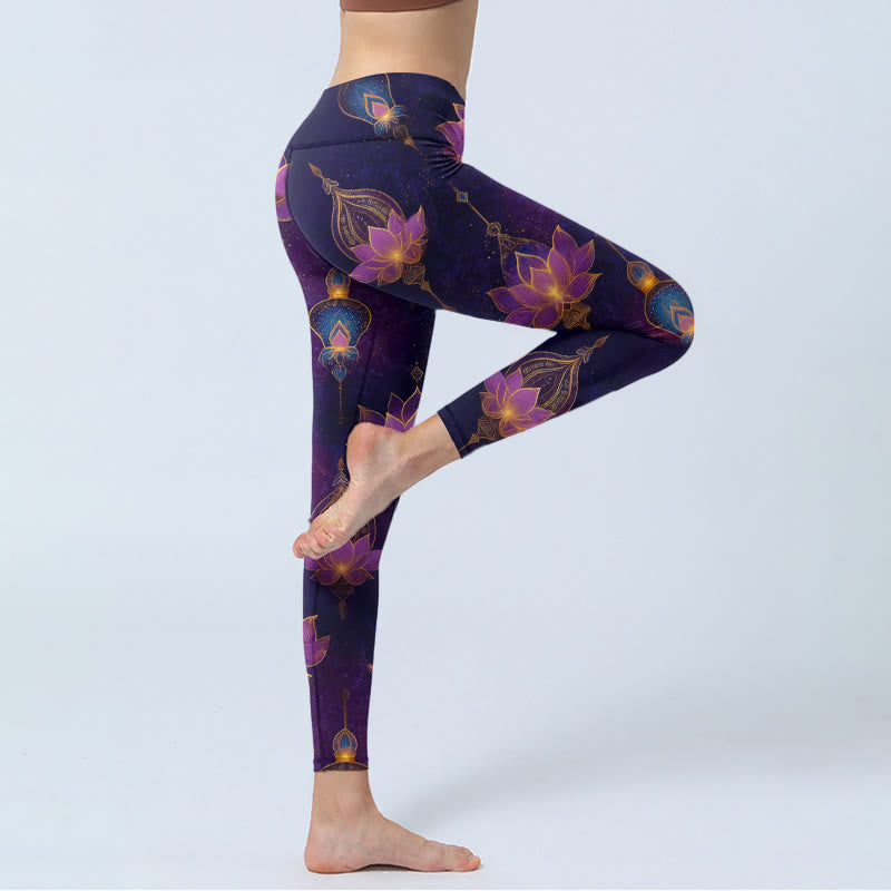 Nimara Ritual Dreamlike Lotus Flower Lantern Print Gym Leggings Women's Yoga Pants