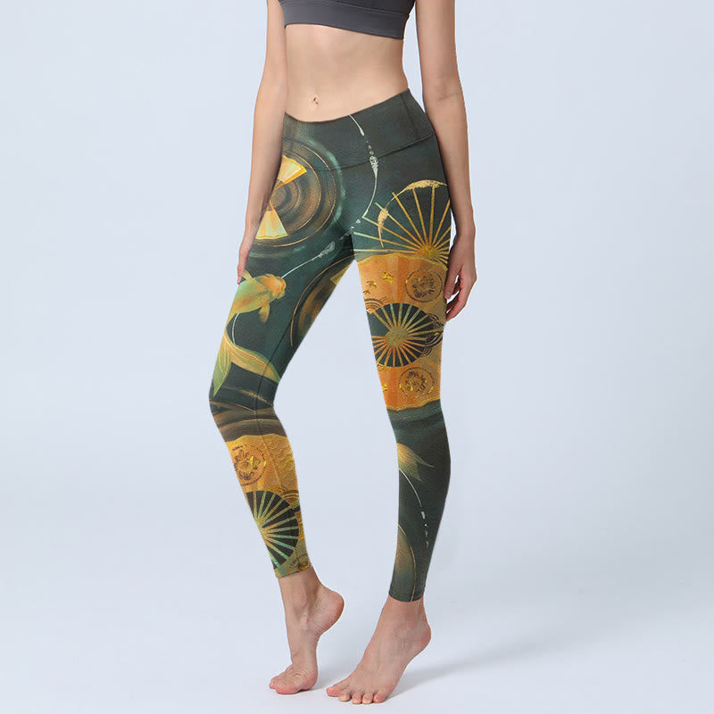 Nimara Ritual Gorgeous Folding Fan Koi Fish Print Gym Leggings Women's Yoga Pants