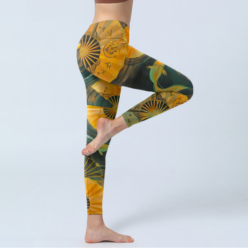 Nimara Ritual Gorgeous Folding Fan Koi Fish Print Gym Leggings Women's Yoga Pants