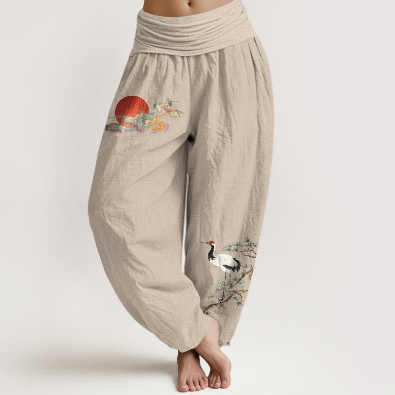 Nimara Ritual Pure Cotton Concise Sun Cloud Crane Pine Tree Pattern Women's Elastic Waist Harem Pants