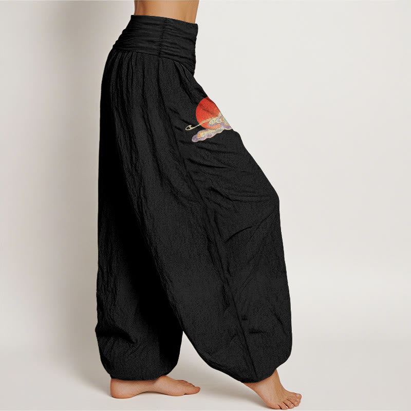 Nimara Ritual Pure Cotton Concise Sun Cloud Crane Pine Tree Pattern Women's Elastic Waist Harem Pants