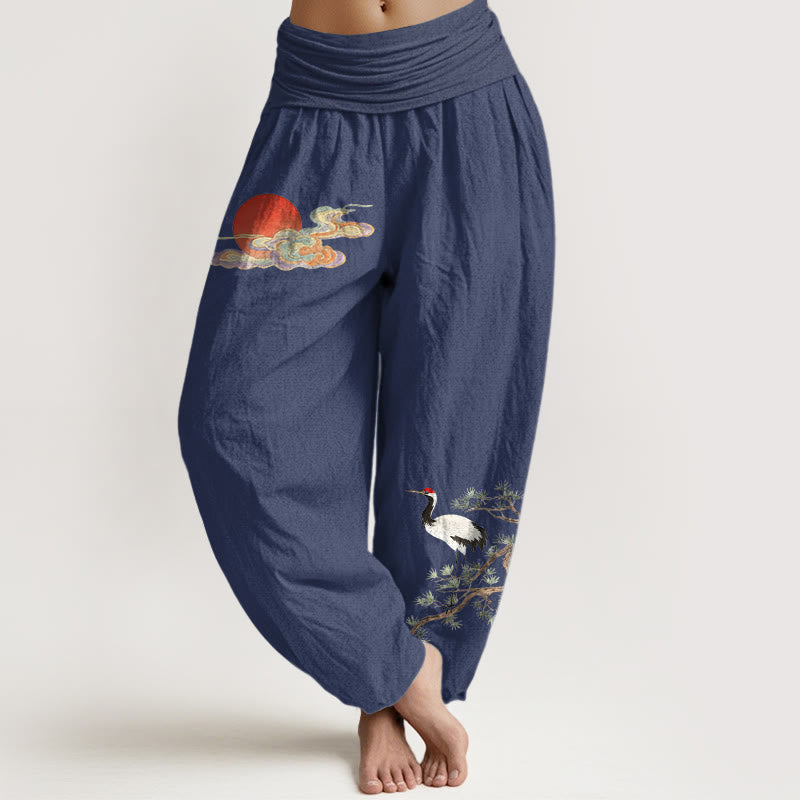 Nimara Ritual Pure Cotton Concise Sun Cloud Crane Pine Tree Pattern Women's Elastic Waist Harem Pants