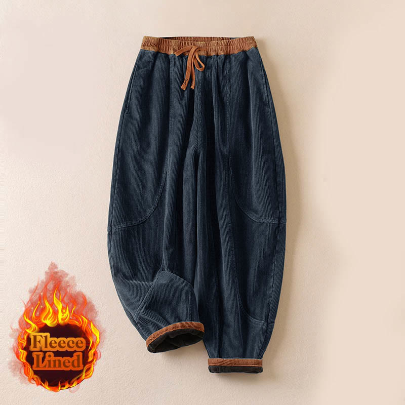 Nimara Ritual Color Contrast Corduroy Cotton Women's Thermal Fleece-Lined Harem Pants With Pockets