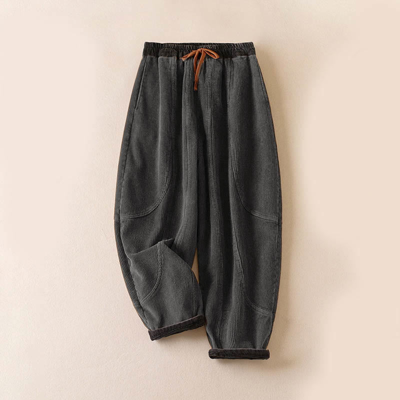 Nimara Ritual Color Contrast Corduroy Cotton Women's Thermal Fleece-Lined Harem Pants With Pockets