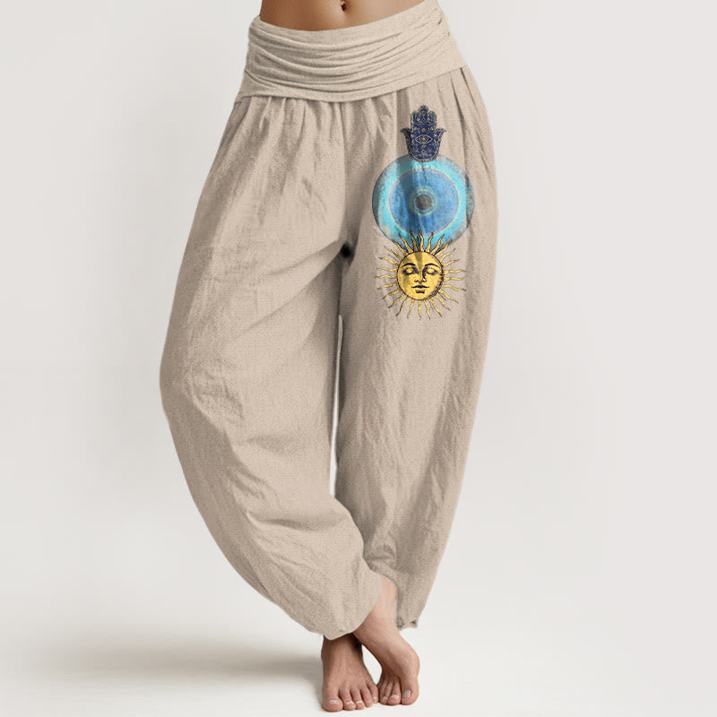 Nimara Ritual Pure Cotton Minimalist Style Hamsa's Hand Sun Pattern Women's Elastic Waist Harem Pants