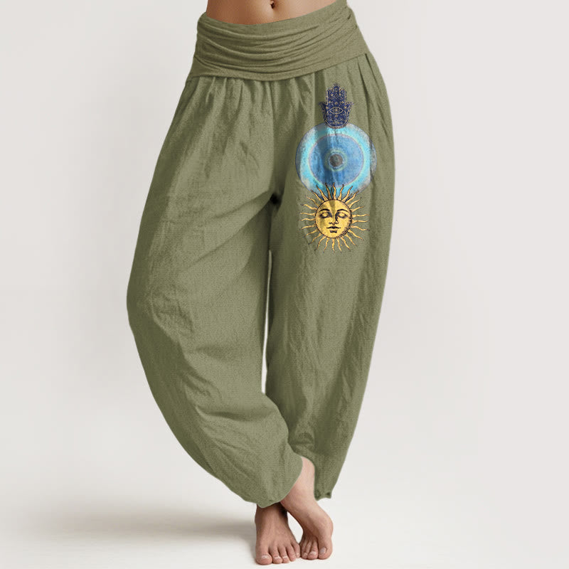 Nimara Ritual Pure Cotton Minimalist Style Hamsa's Hand Sun Pattern Women's Elastic Waist Harem Pants