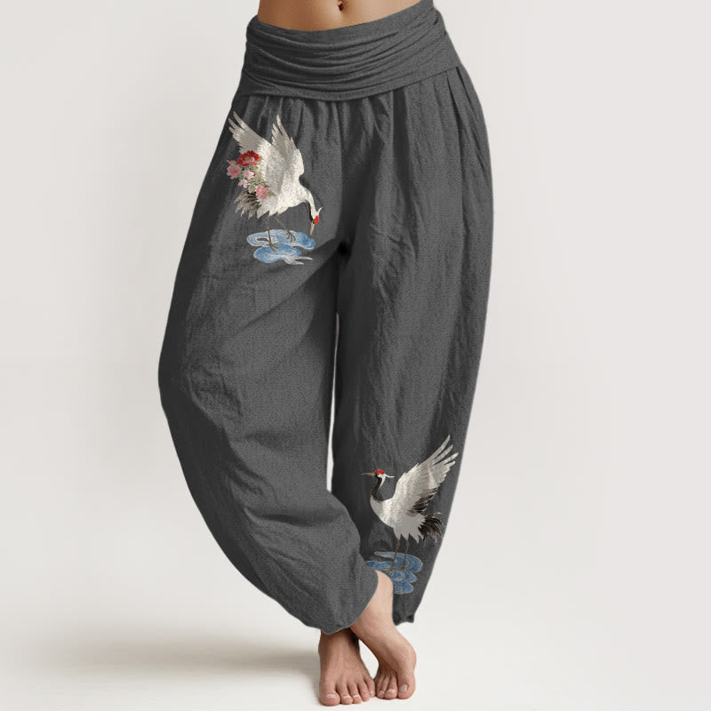 Nimara Ritual Pure Cotton Elegant Crane Flower Cloud Pattern Women's Elastic Waist Harem Pants