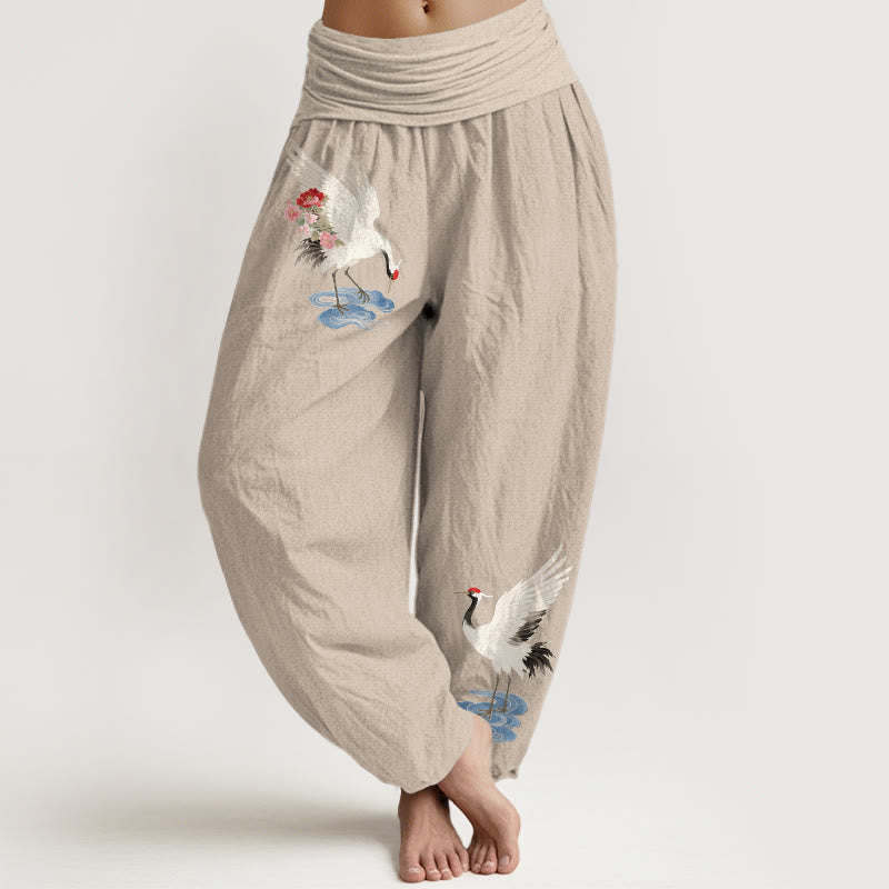 Nimara Ritual Pure Cotton Elegant Crane Flower Cloud Pattern Women's Elastic Waist Harem Pants