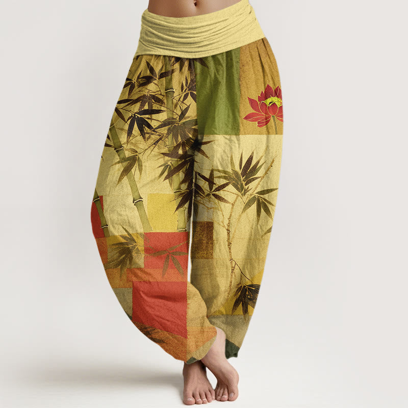 Nimara Ritual Cotton Colorful Bamboo Lotus Geometric Shapes Pattern Women's Elastic Waist Harem Pants