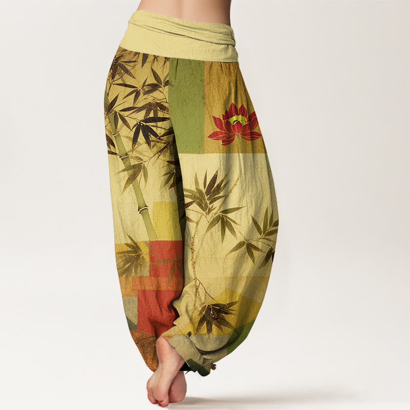 Nimara Ritual Cotton Colorful Bamboo Lotus Geometric Shapes Pattern Women's Elastic Waist Harem Pants