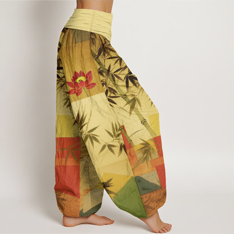 Nimara Ritual Cotton Colorful Bamboo Lotus Geometric Shapes Pattern Women's Elastic Waist Harem Pants