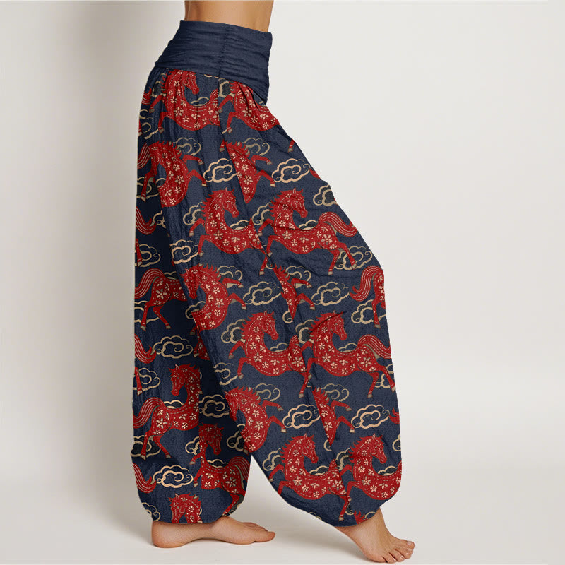 Nimara Ritual Cotton Gorgeous Horse Cloud Pattern Women's Elastic Waist Harem Pants