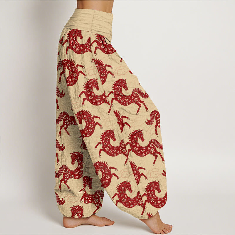 Nimara Ritual Cotton Gorgeous Horse Cloud Pattern Women's Elastic Waist Harem Pants