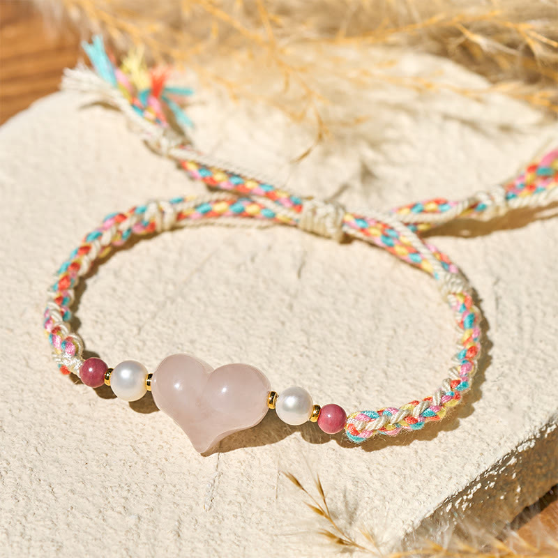 Nimara Ritual Heart Design Pink Crystal Braided Rope Warmth Love Bracelet
