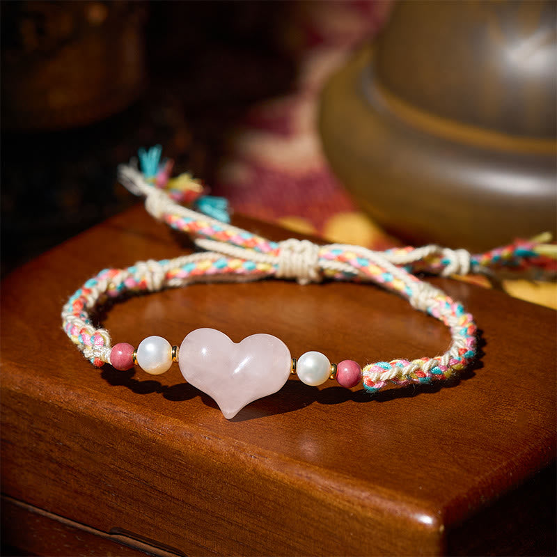 Nimara Ritual Heart Design Pink Crystal Braided Rope Warmth Love Bracelet