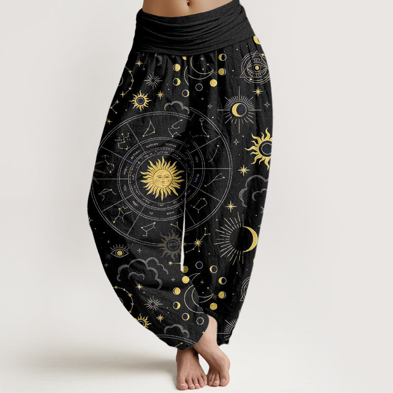 Nimara Ritual Cotton Gorgeous Sun Moon Star Constellation Cloud Pattern Women's Elastic Waist Harem Pants