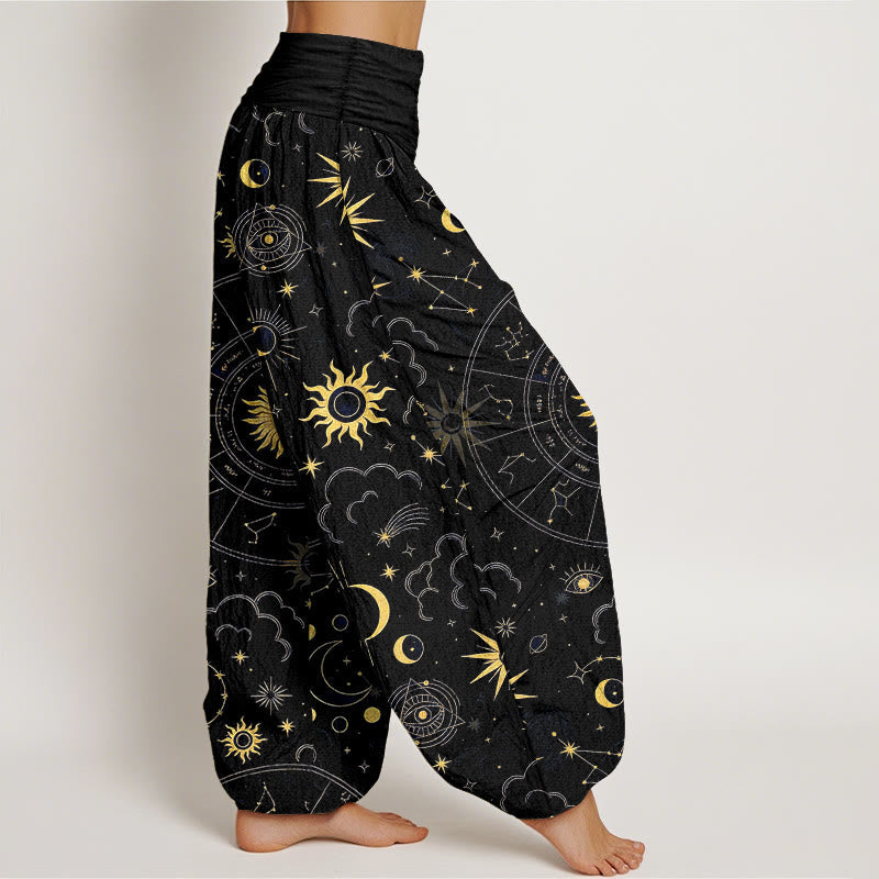 Nimara Ritual Cotton Gorgeous Sun Moon Star Constellation Cloud Pattern Women's Elastic Waist Harem Pants