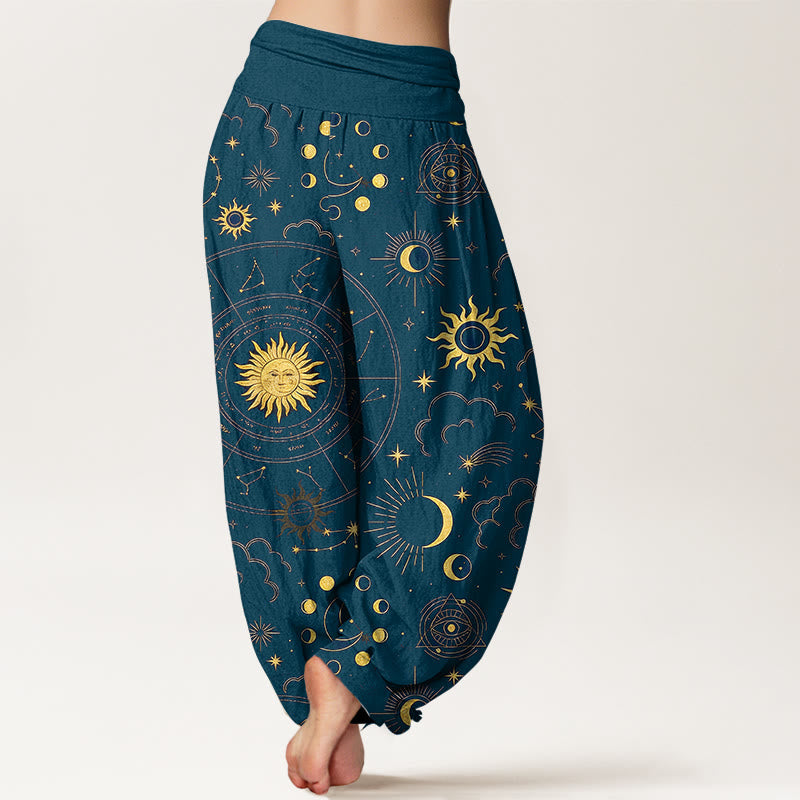 Nimara Ritual Cotton Gorgeous Sun Moon Star Constellation Cloud Pattern Women's Elastic Waist Harem Pants