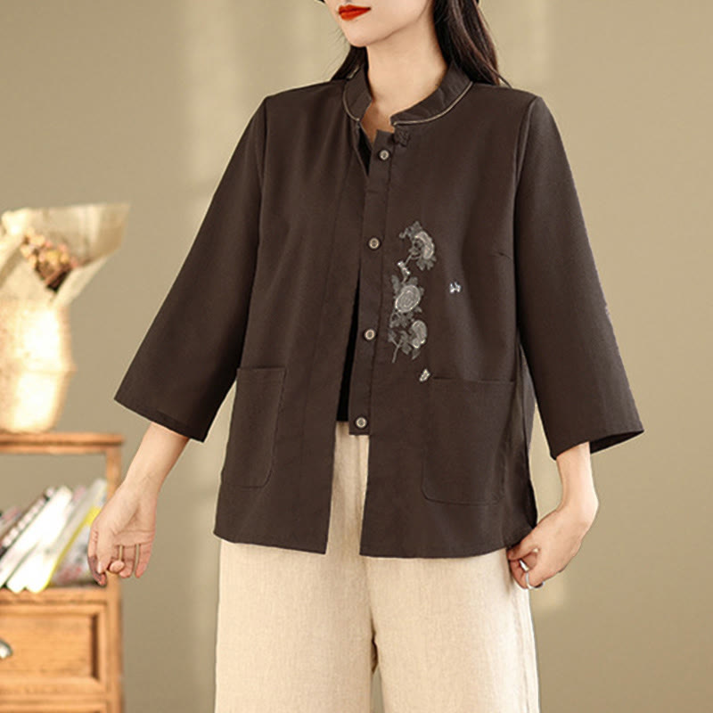 Nimara Ritual Commute Embroidery Floral Pattern Three Quarter Sleeve Women's Cotton Shirt With Pockets