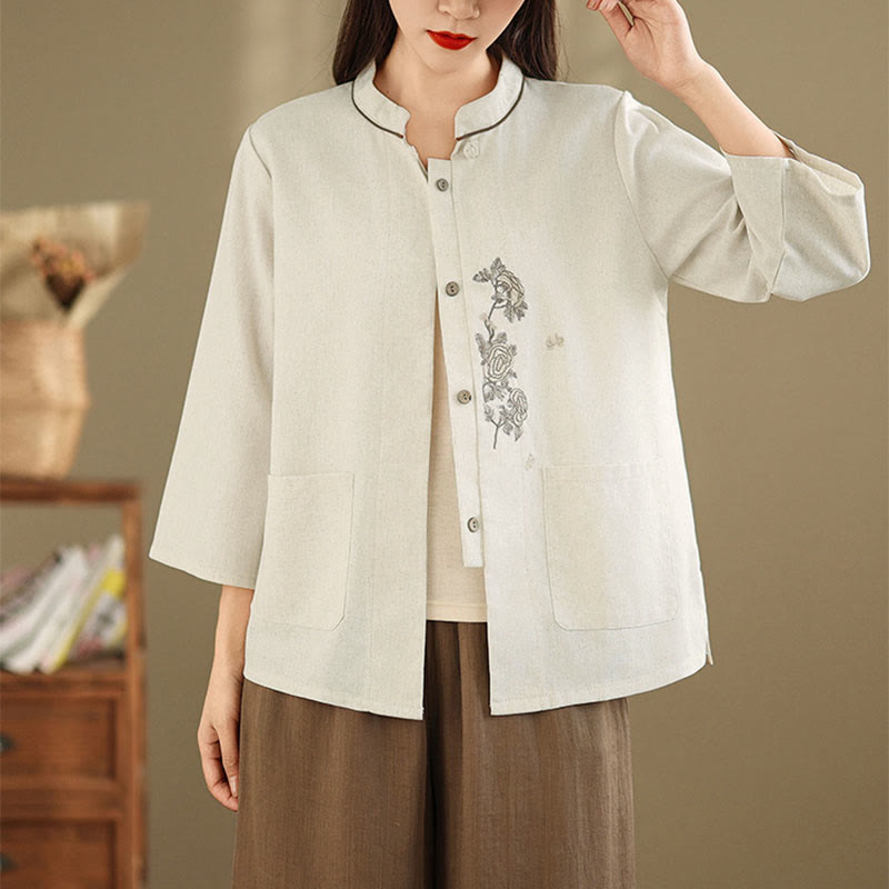 Nimara Ritual Commute Embroidery Floral Pattern Three Quarter Sleeve Women's Cotton Shirt With Pockets