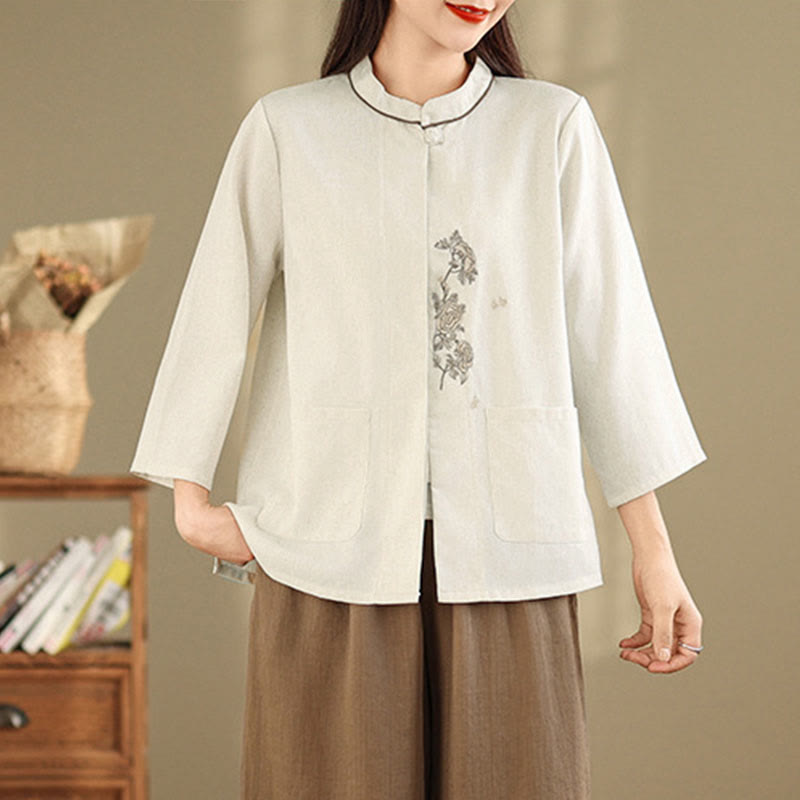Nimara Ritual Commute Embroidery Floral Pattern Three Quarter Sleeve Women's Cotton Shirt With Pockets