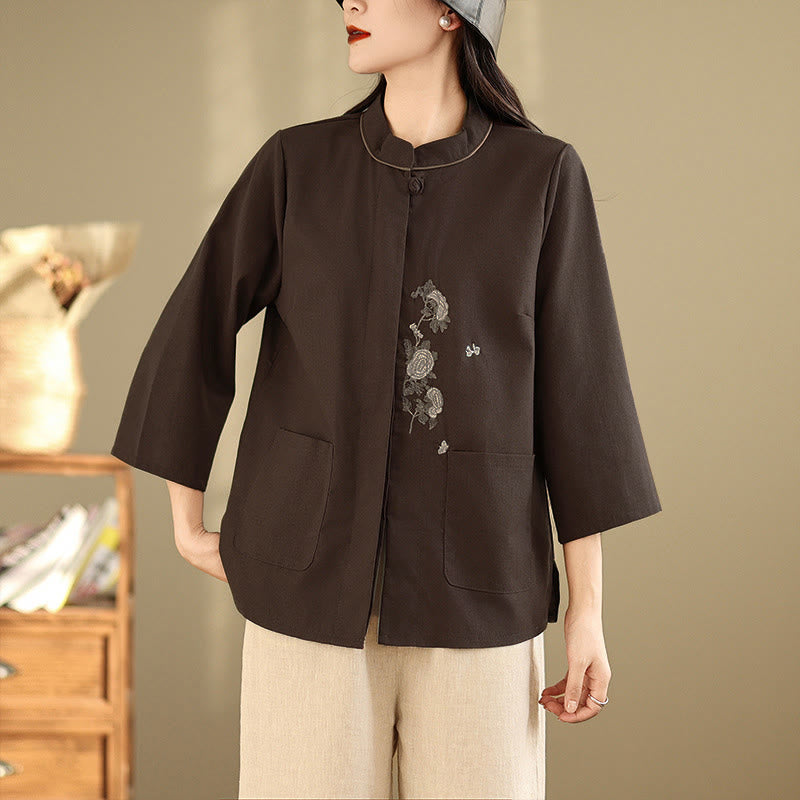 Nimara Ritual Commute Embroidery Floral Pattern Three Quarter Sleeve Women's Cotton Shirt With Pockets