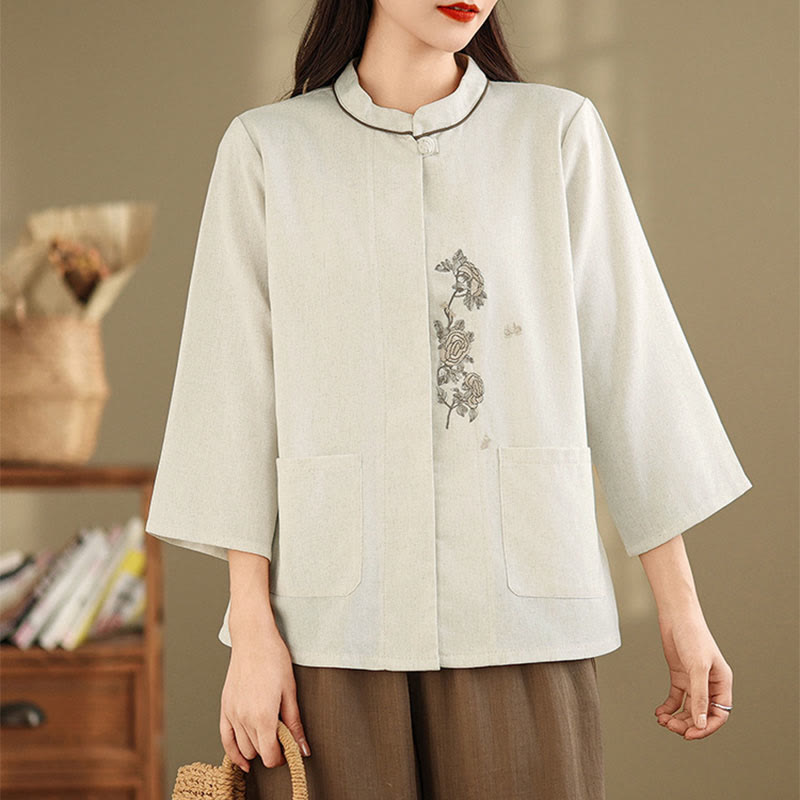 Nimara Ritual Commute Embroidery Floral Pattern Three Quarter Sleeve Women's Cotton Shirt With Pockets