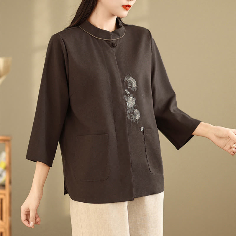 Nimara Ritual Commute Embroidery Floral Pattern Three Quarter Sleeve Women's Cotton Shirt With Pockets