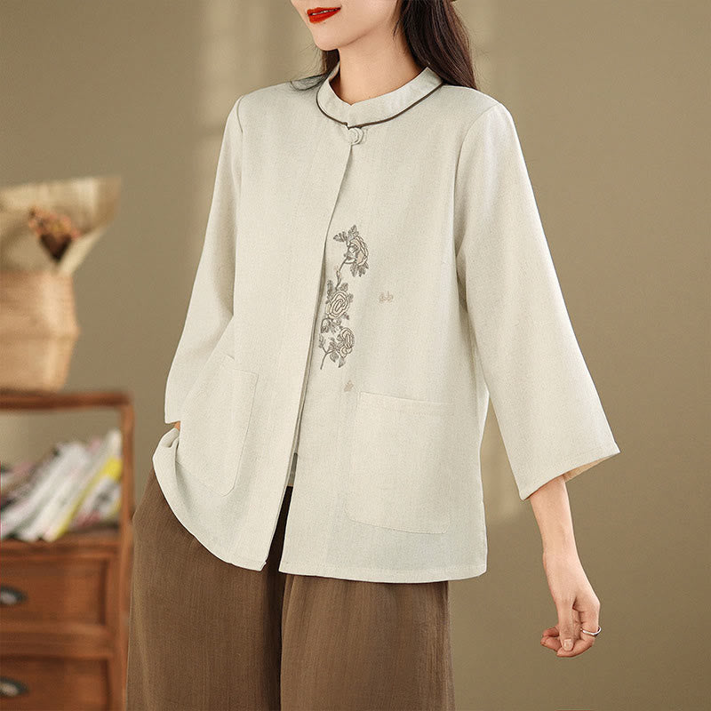 Nimara Ritual Commute Embroidery Floral Pattern Three Quarter Sleeve Women's Cotton Shirt With Pockets