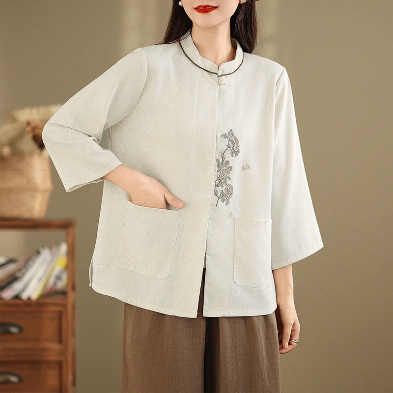 Nimara Ritual Commute Embroidery Floral Pattern Three Quarter Sleeve Women's Cotton Shirt With Pockets