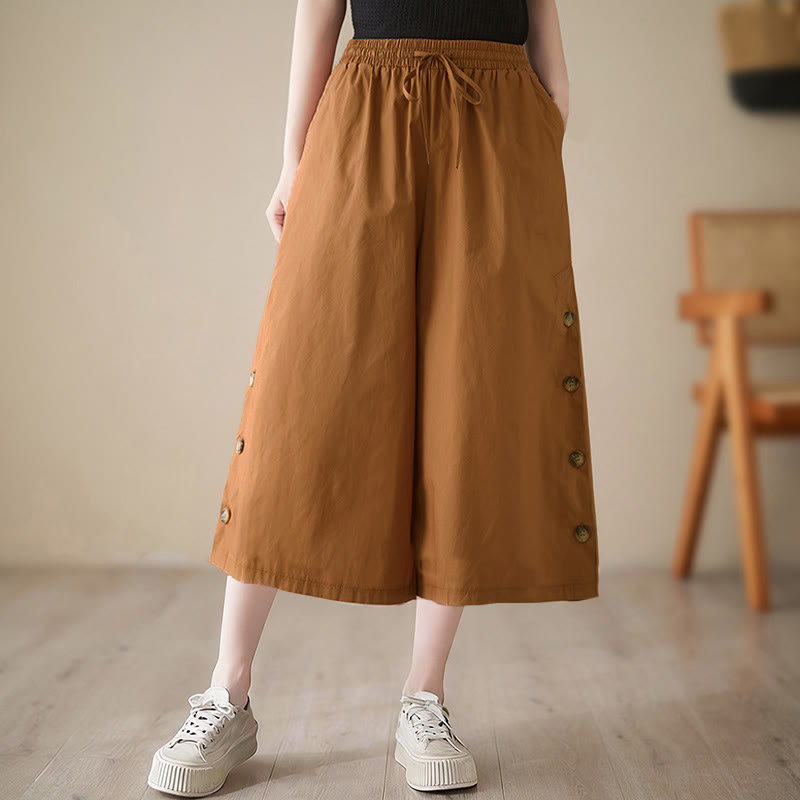 Nimara Ritual Plain Buttoned Side Design Capri Cropped Women's Wide Leg Pants With Pockets