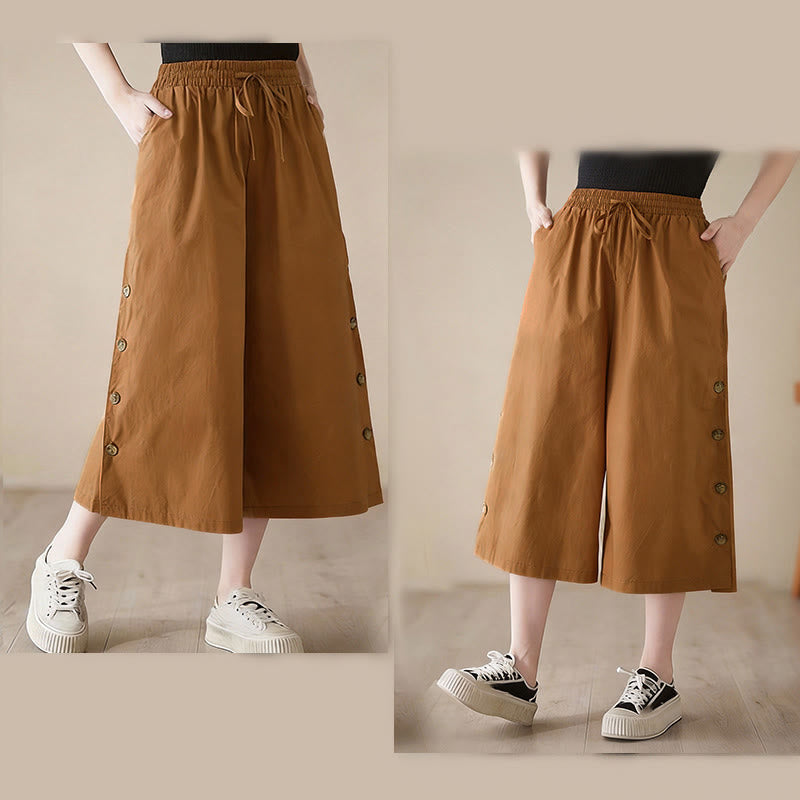Nimara Ritual Plain Buttoned Side Design Capri Cropped Women's Wide Leg Pants With Pockets