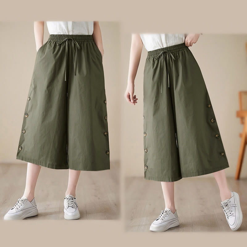 Nimara Ritual Plain Buttoned Side Design Capri Cropped Women's Wide Leg Pants With Pockets