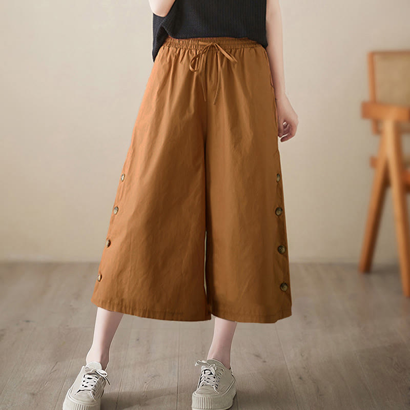 Nimara Ritual Plain Buttoned Side Design Capri Cropped Women's Wide Leg Pants With Pockets