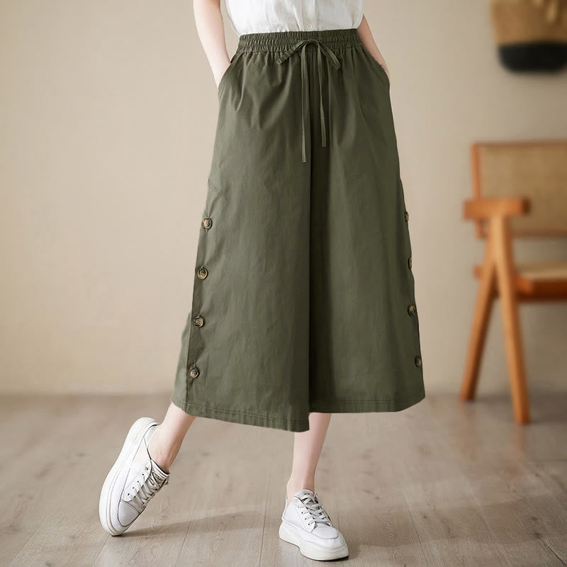 Nimara Ritual Plain Buttoned Side Design Capri Cropped Women's Wide Leg Pants With Pockets